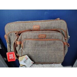Samsonite Vintage Travel Bag Luggage Corduroy Leather Brown Tan Set Of 2